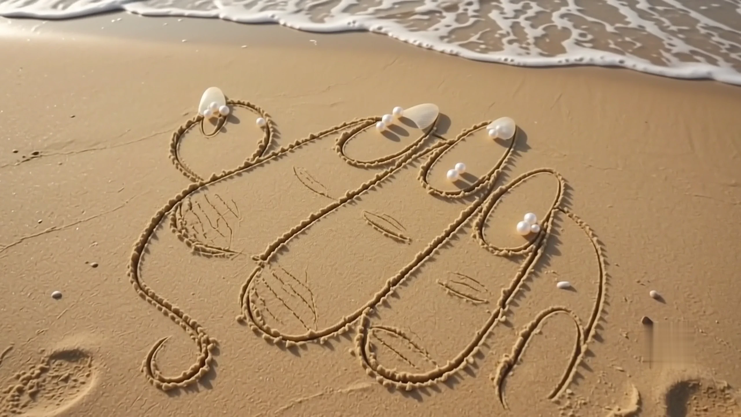 A manicure outlined in warm sand just ahead of the tide