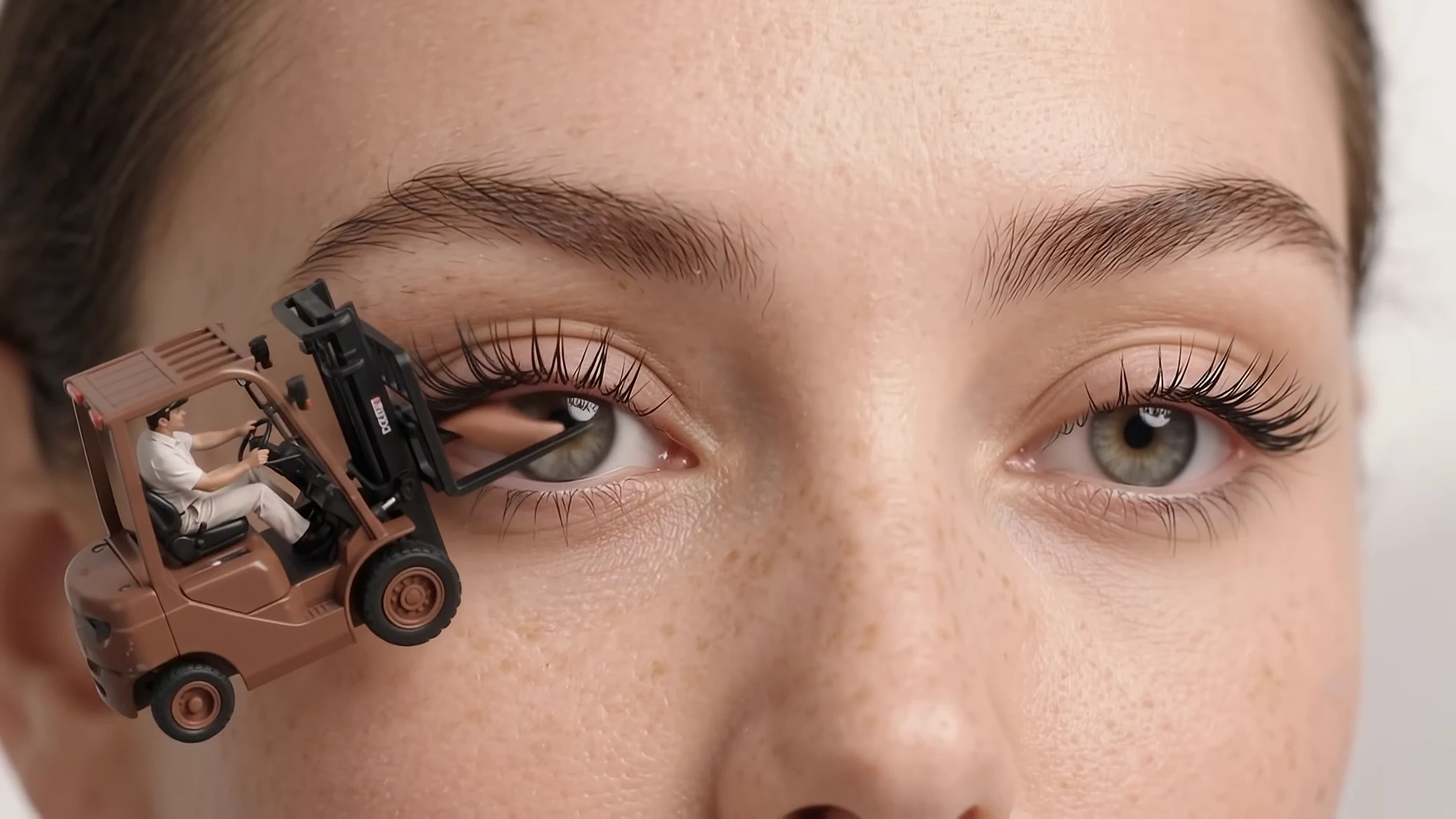 An open eye with a new set of lashes and the forklift beside it
