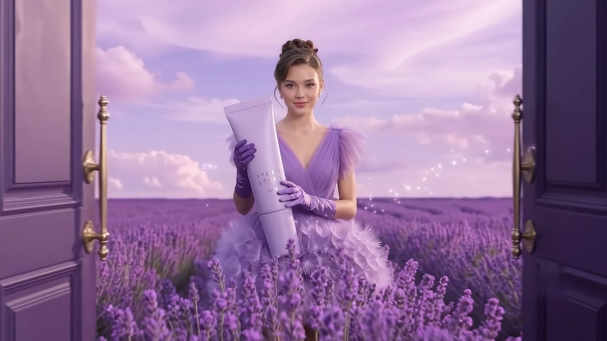 A woman in a violet feathered dress between open doors and lavender fields