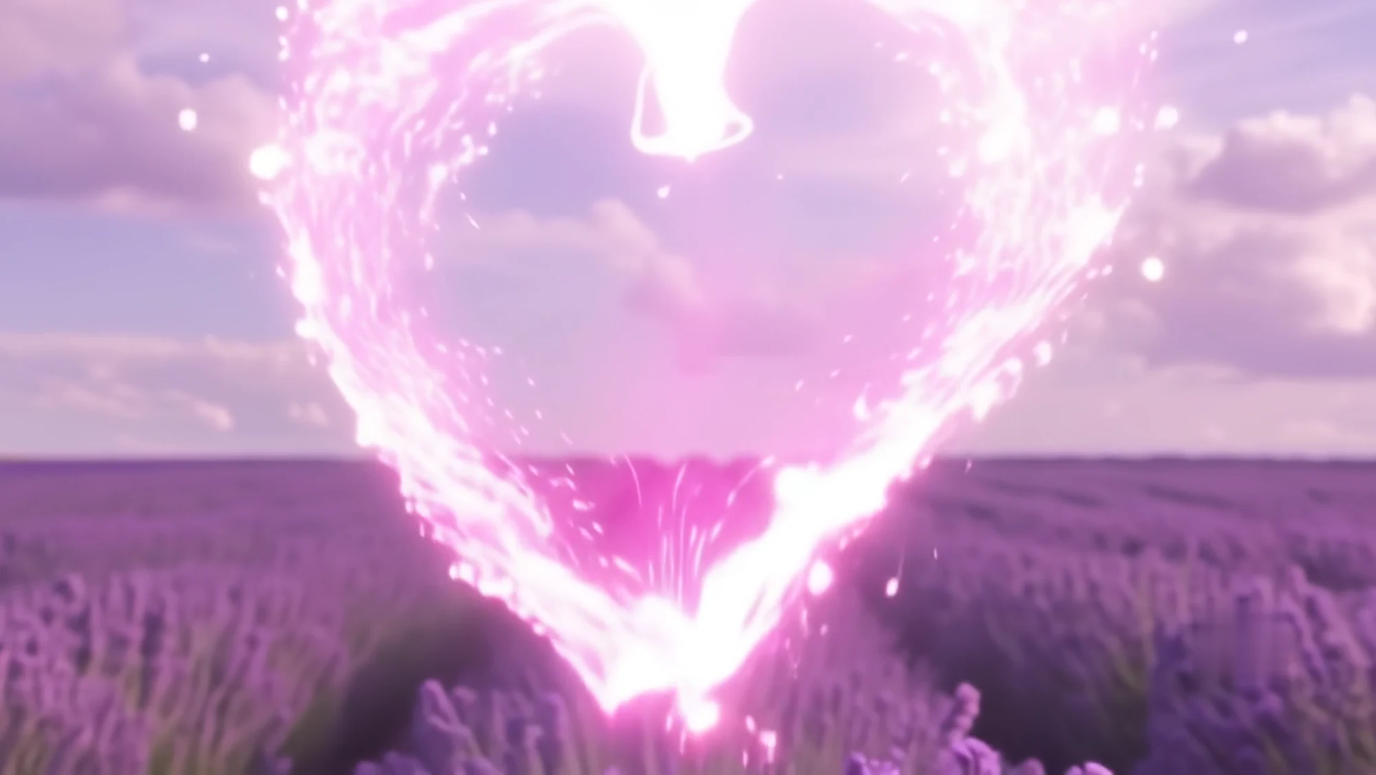 A luminous heart formed by pink light above the lavender field
