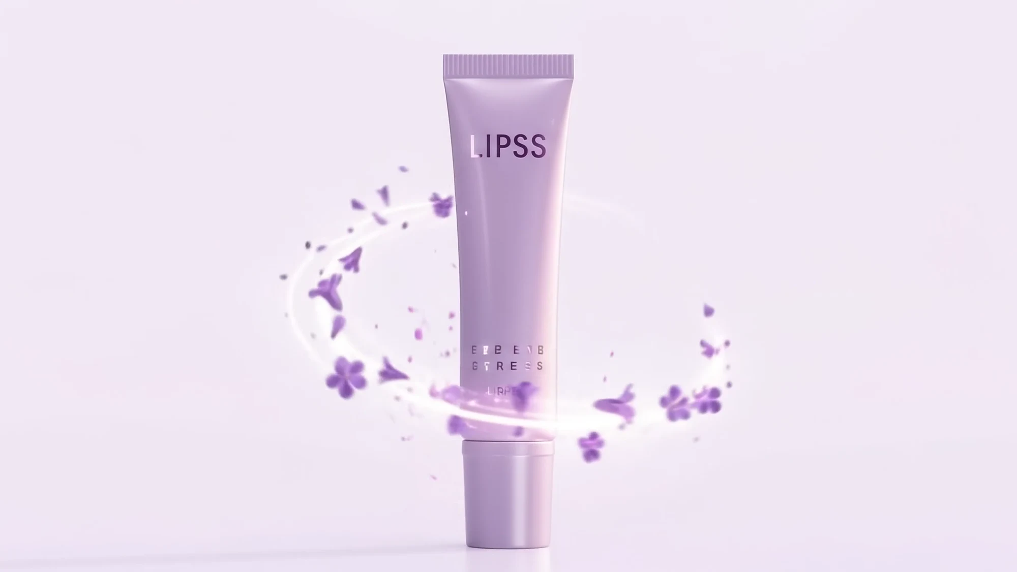 A lilac LIPSS cosmetic tube with floating petals