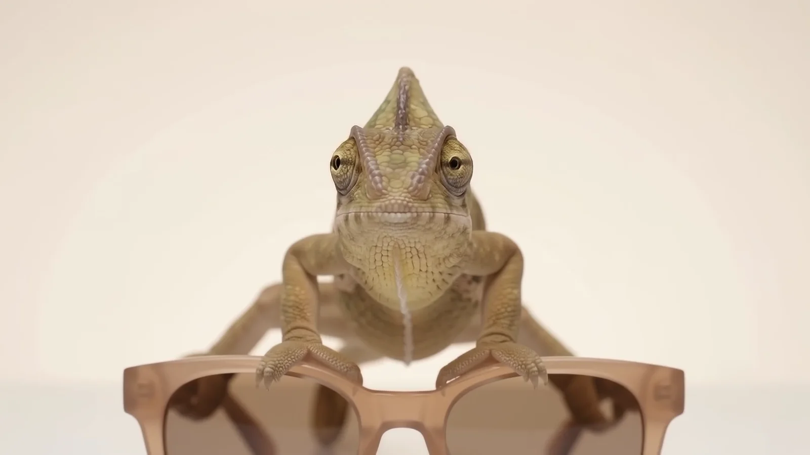 The chameleon facing the camera, standing on the blush pink sunglasses