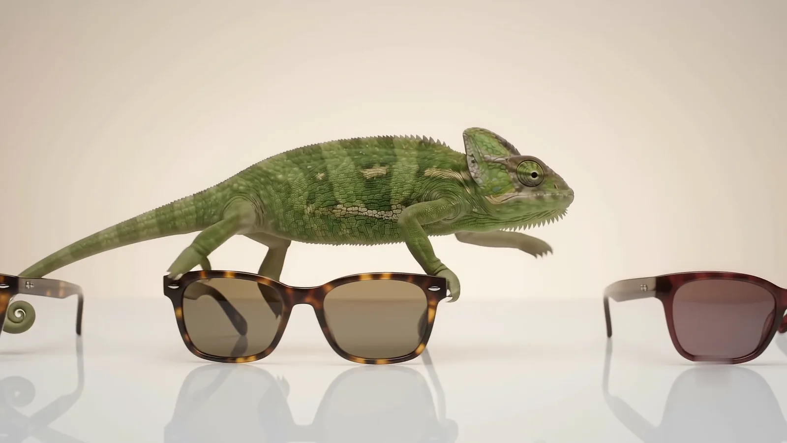 A green chameleon standing on a pair of tortoiseshell sunglasses