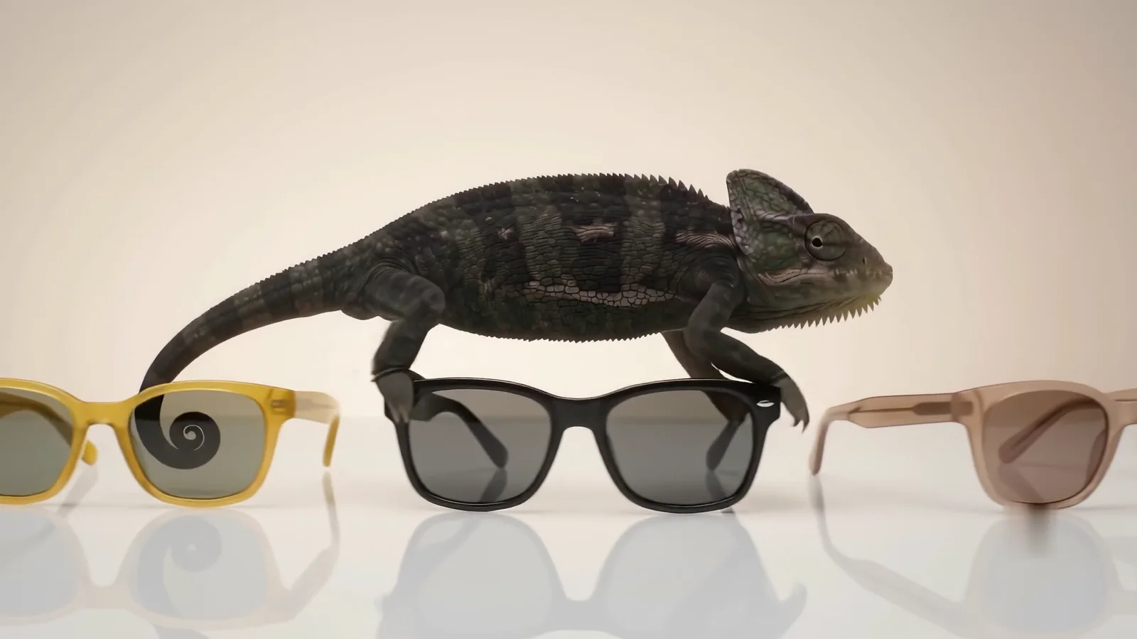 The chameleon turned black on black sunglasses