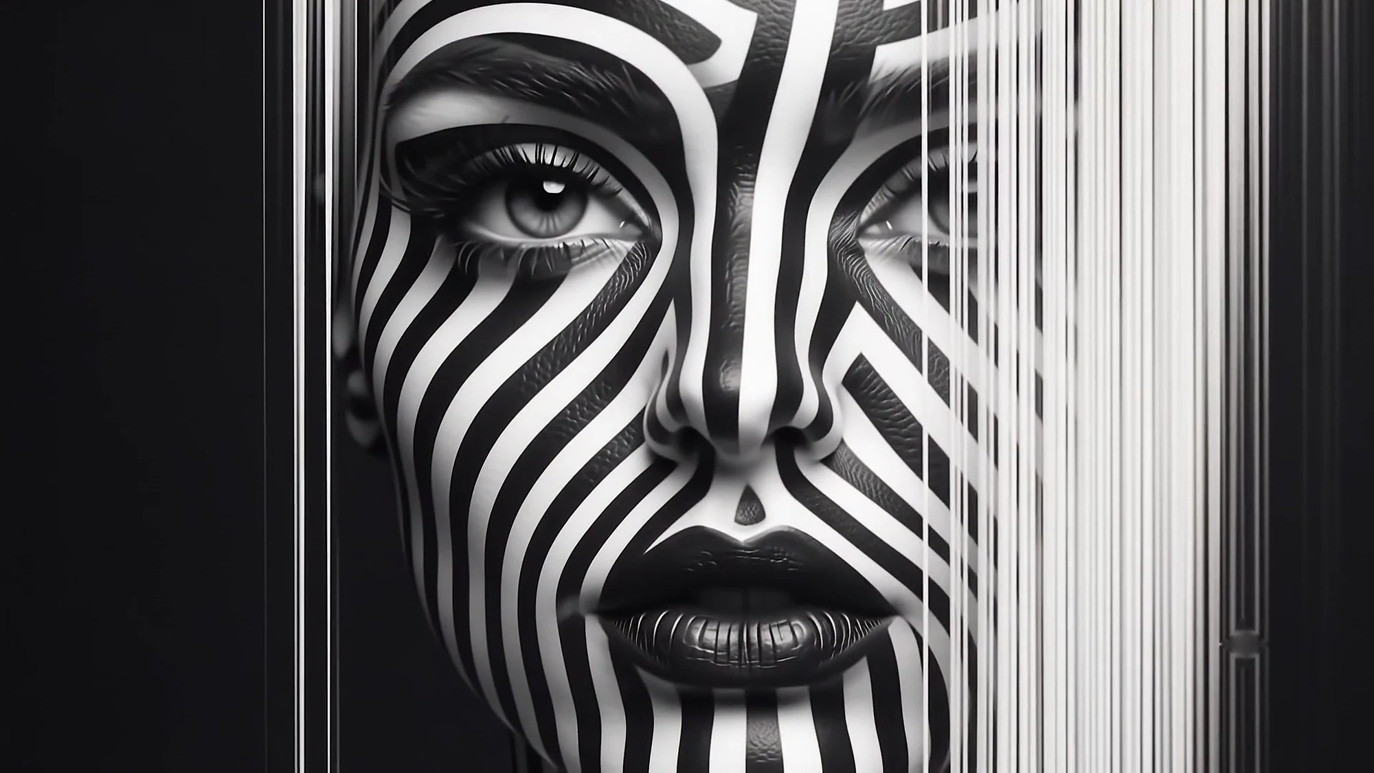 Look 04: a face painted with bold black stripes