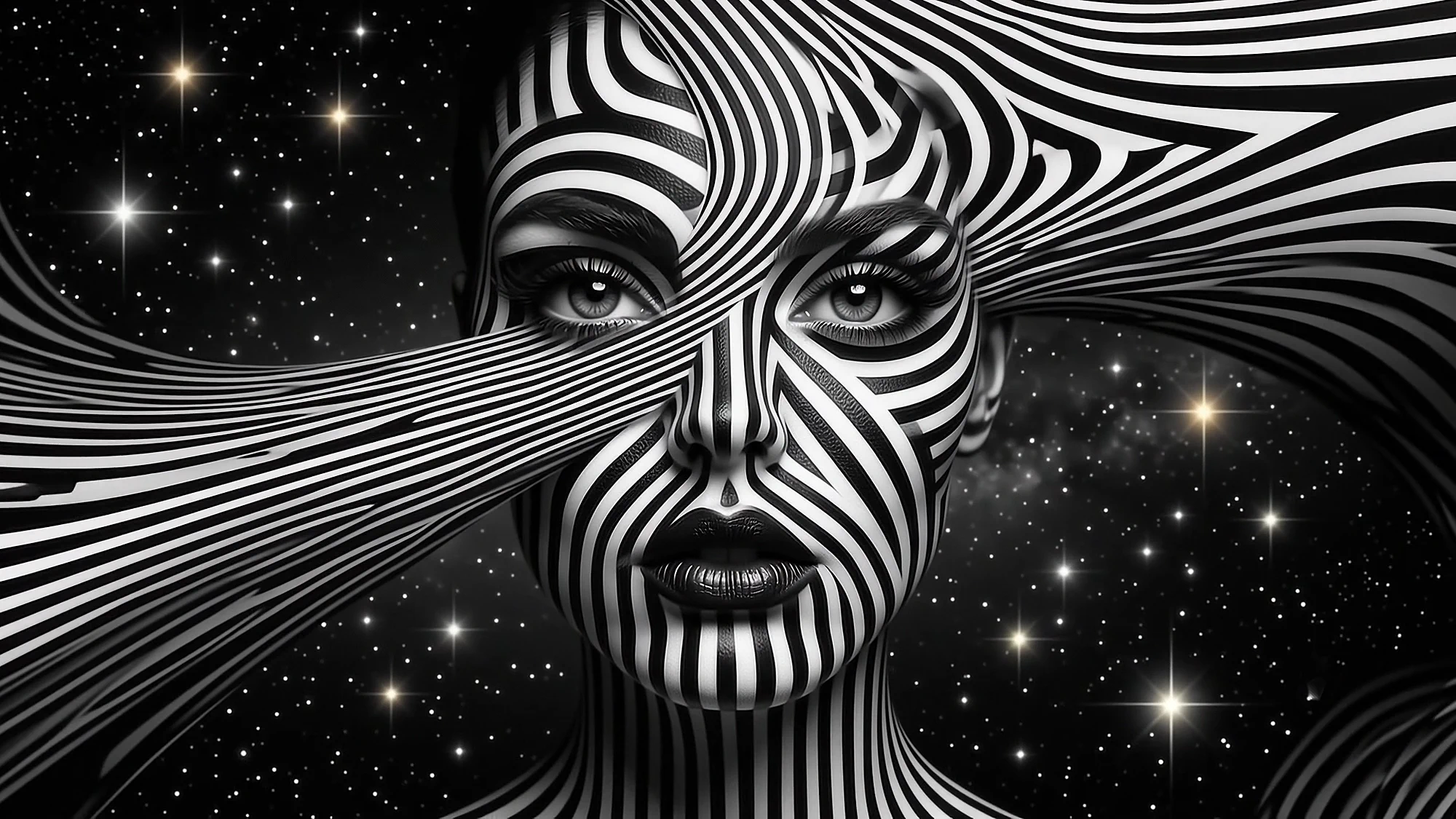 A striped face under a starry sky