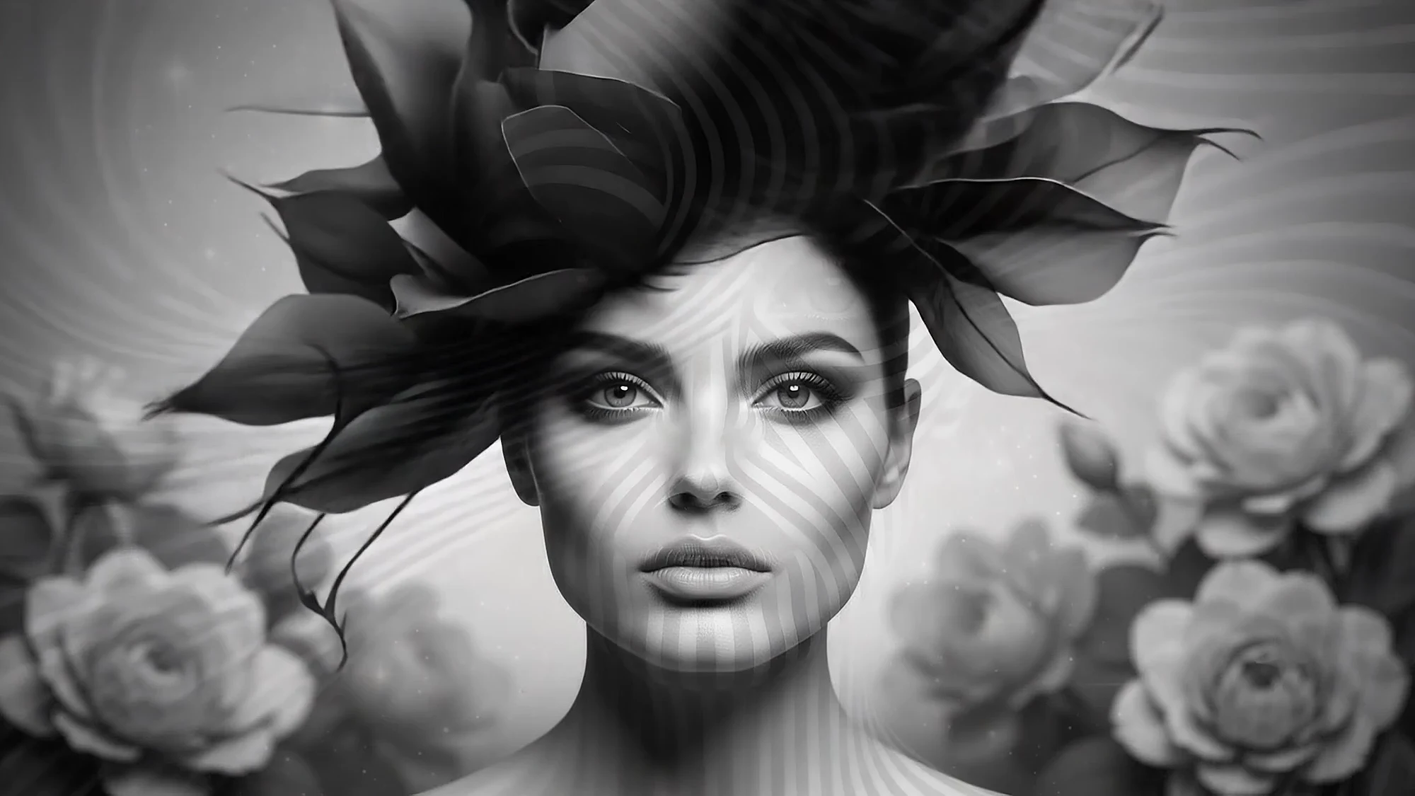 Look 06: a black flower headpiece among grey roses