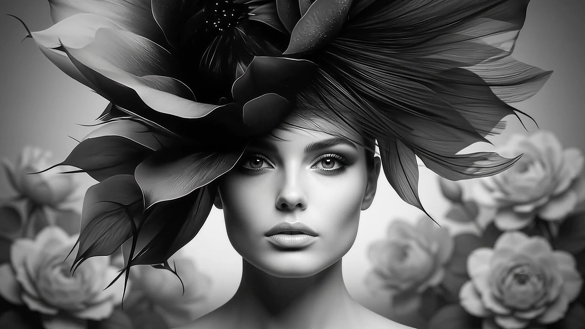 A woman in a black flower headpiece among roses