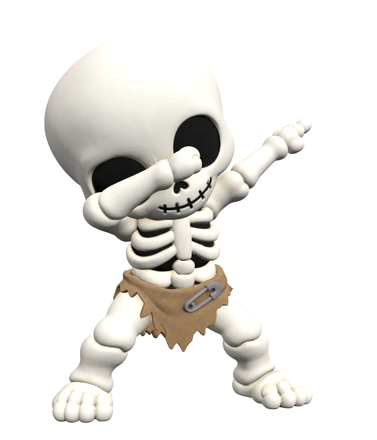 Mr. Dab, a chibi skeleton art toy frozen mid-dab