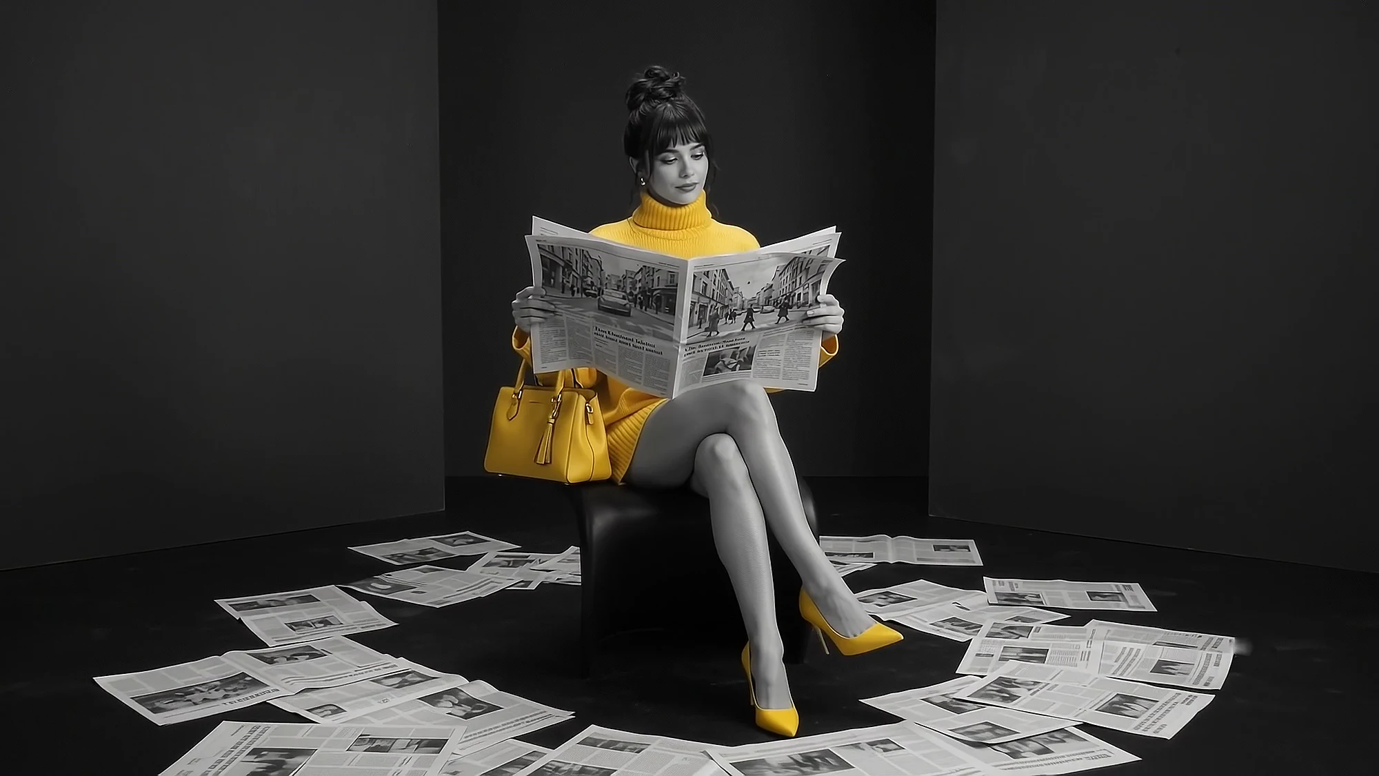 A woman in a yellow sweater reads a newspaper in a grey room, copies scattered around her feet