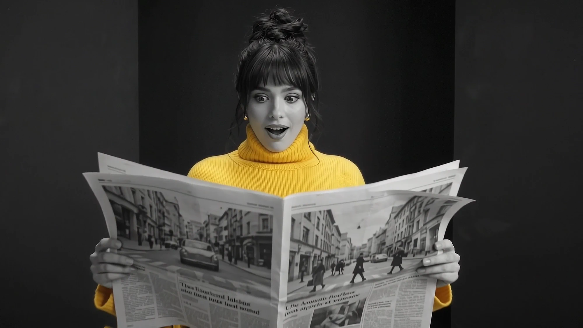 The woman gasps at the page she is holding