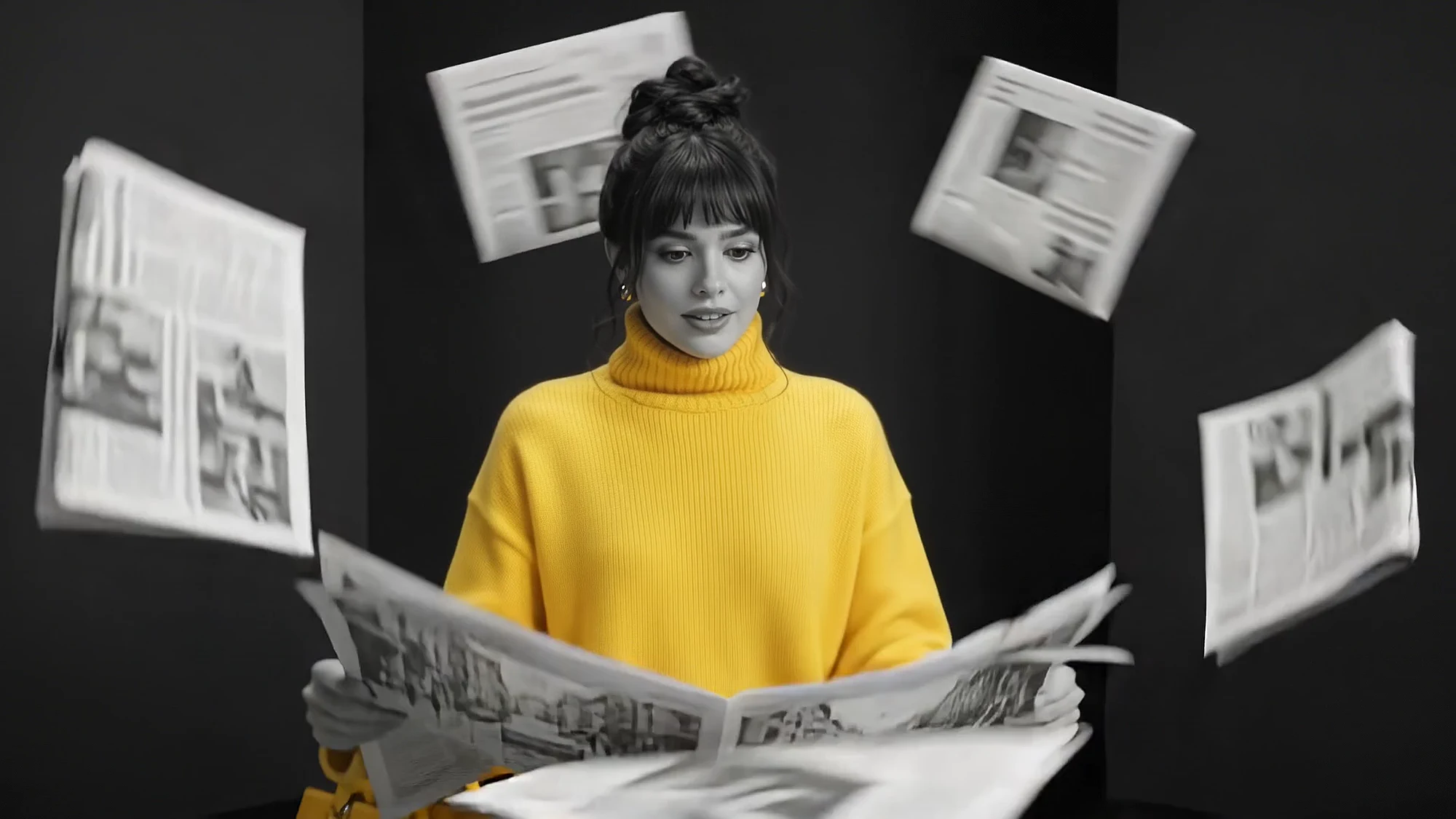 Newspaper pages burst into the air around her
