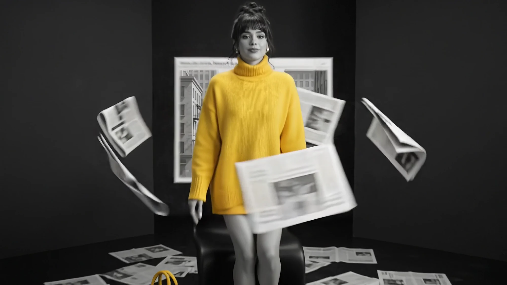 She stands in front of a window onto a street as pages fall