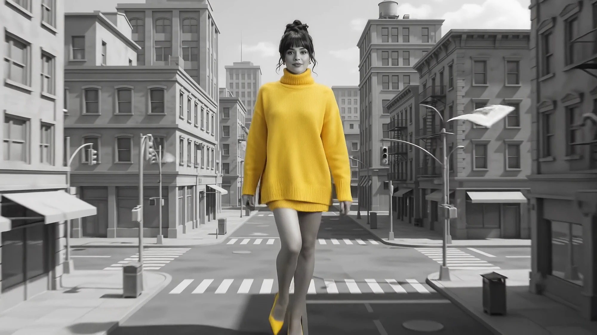 She steps into the photograph and walks down an empty grey street, the only colour in it