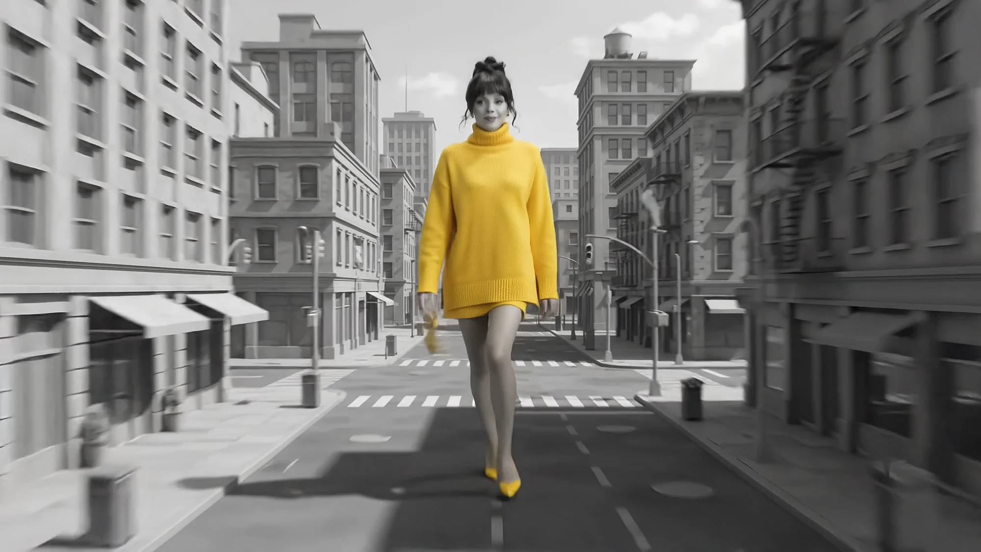 A wide shot of the grey street with the woman in yellow