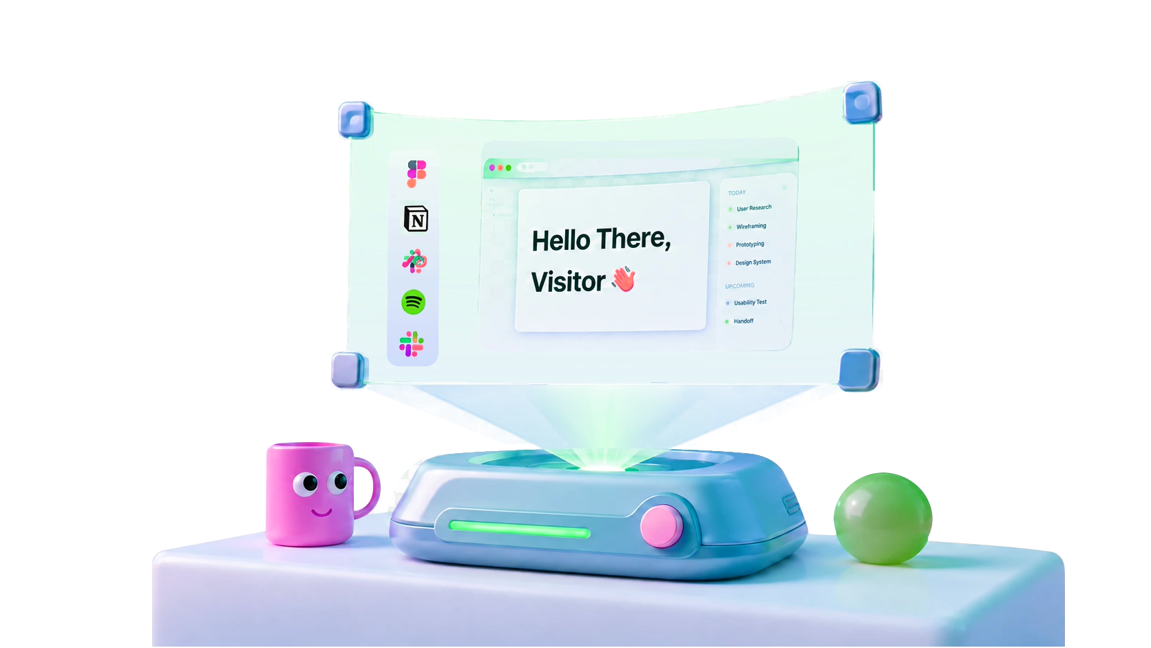 A holographic desk projector showing a design workspace
