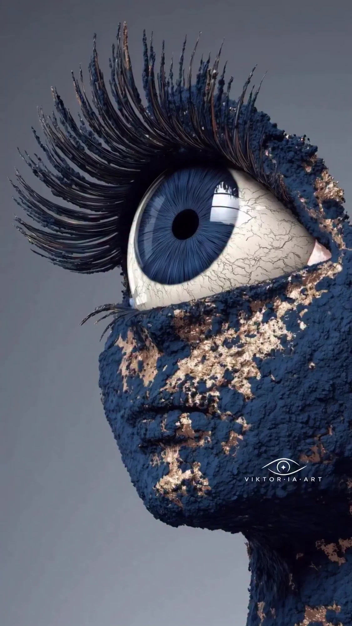 A sculptural blue eye suspended within layered indigo facial fragments