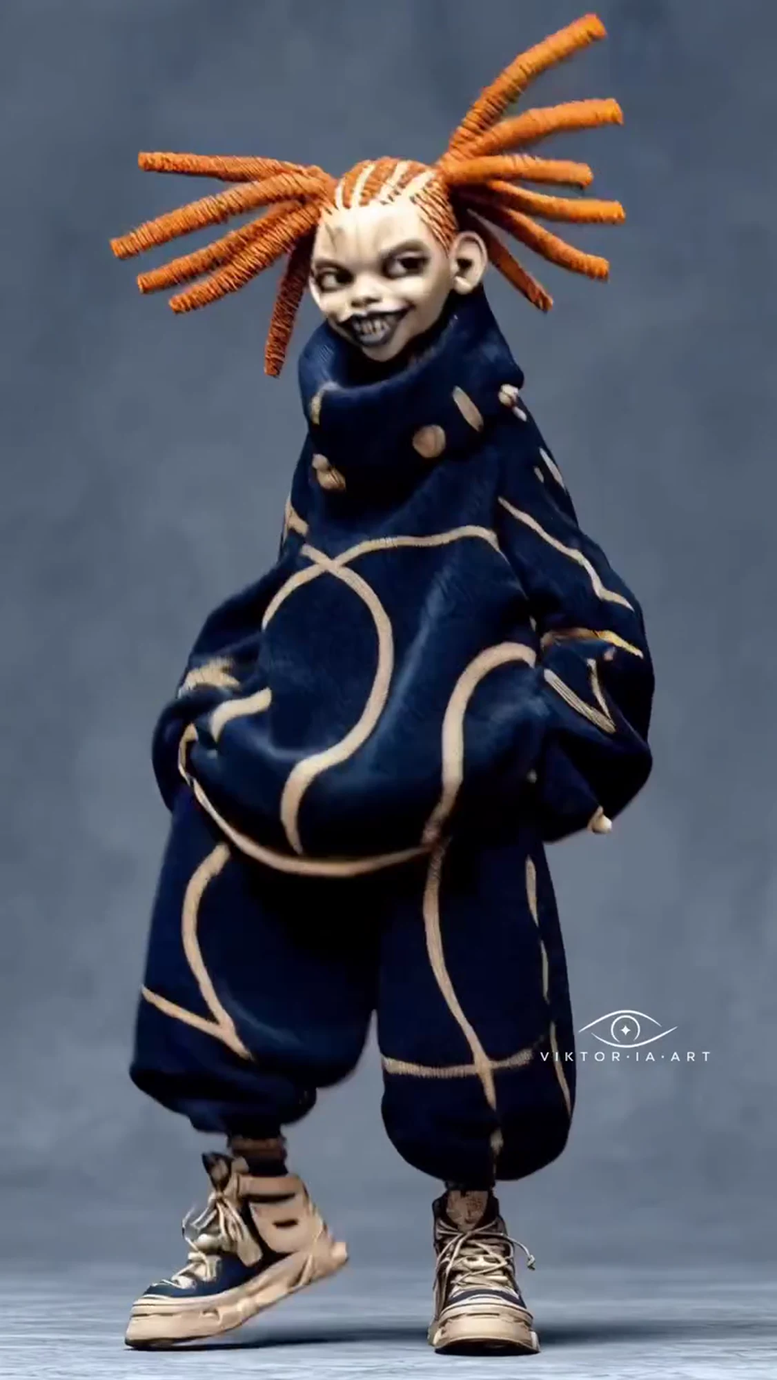 The Trickster, an indigo figure with orange tendrils and oversized clothing
