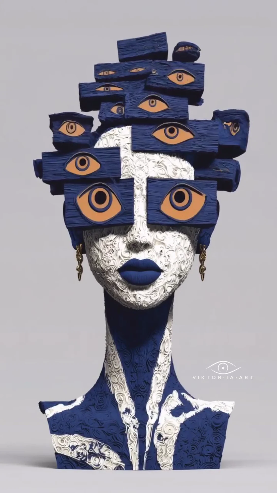 The Witness, a tall face crowned with stacked indigo blocks and golden eyes