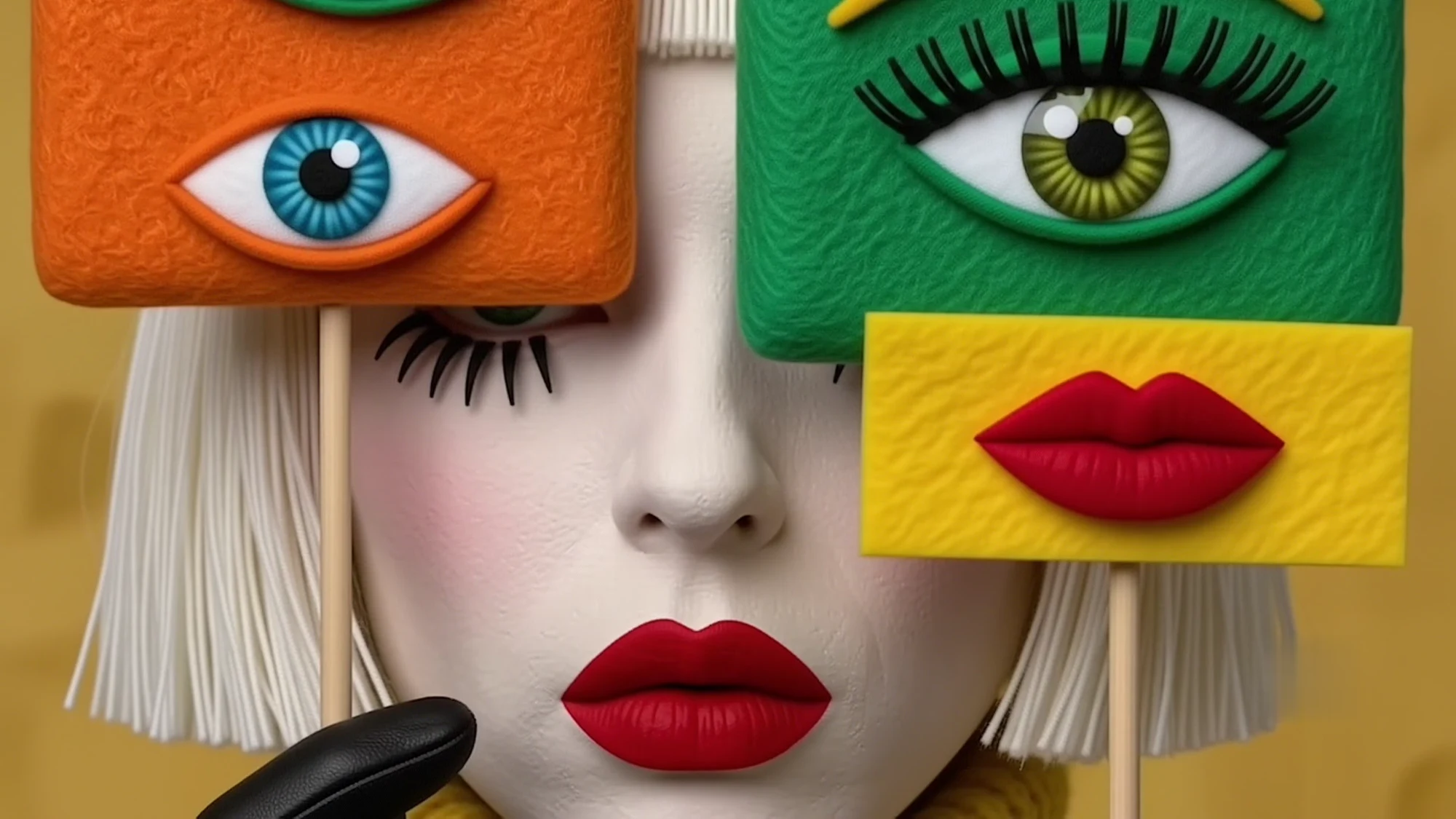 Colour-block sculptural face with embroidered eyes