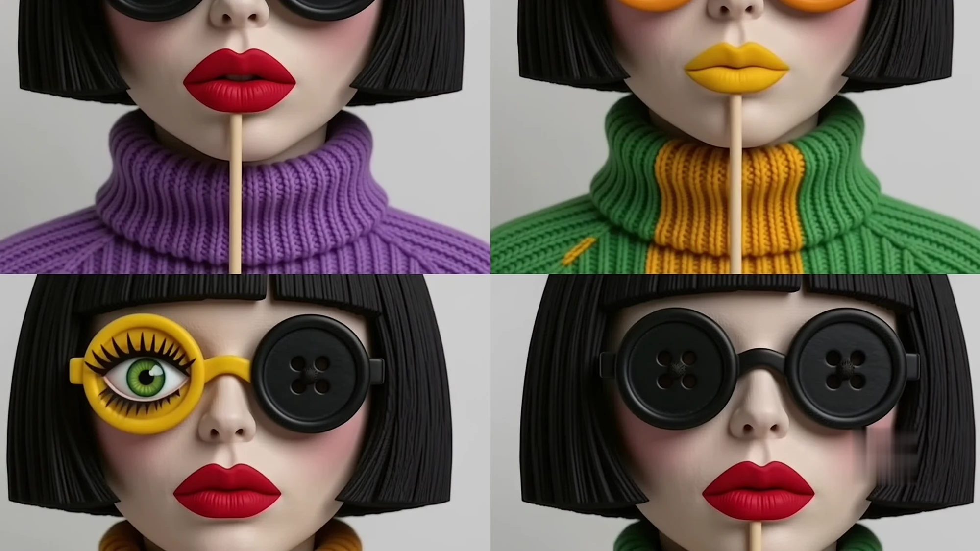 Sculptural round glasses with an embroidered eye and bold red lips