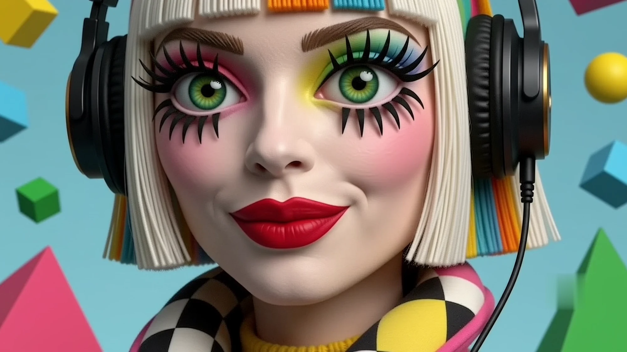 Surreal portrait with headphones and colourful geometric styling