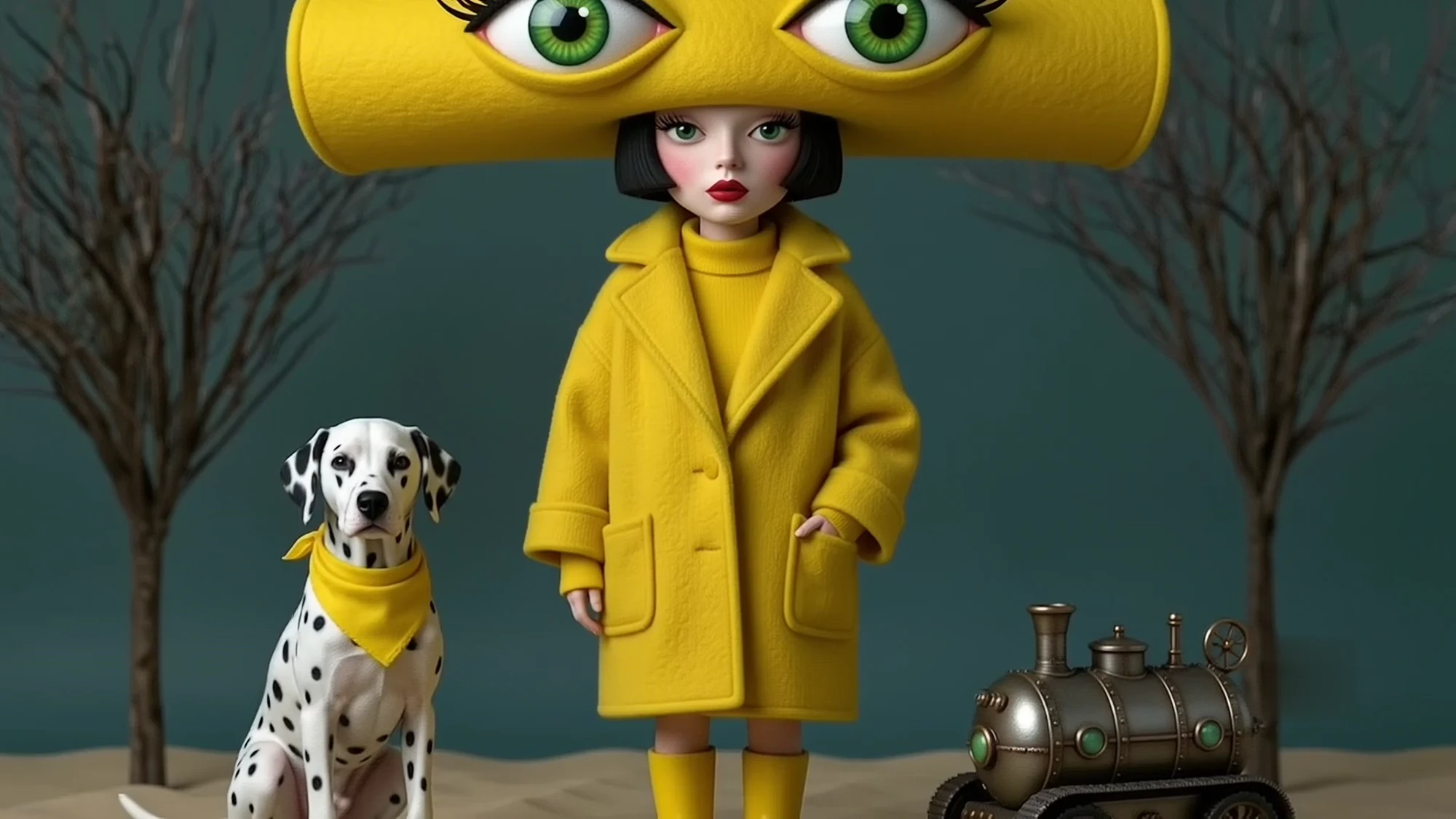Yellow sculptural coat and oversized eye-shaped headpiece