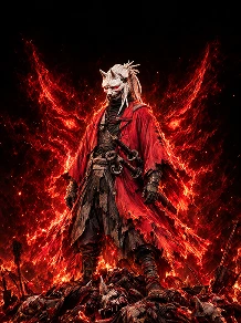 A masked samurai in a crimson coat surrounded by fire