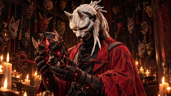 Close portrait of the white Oni mask