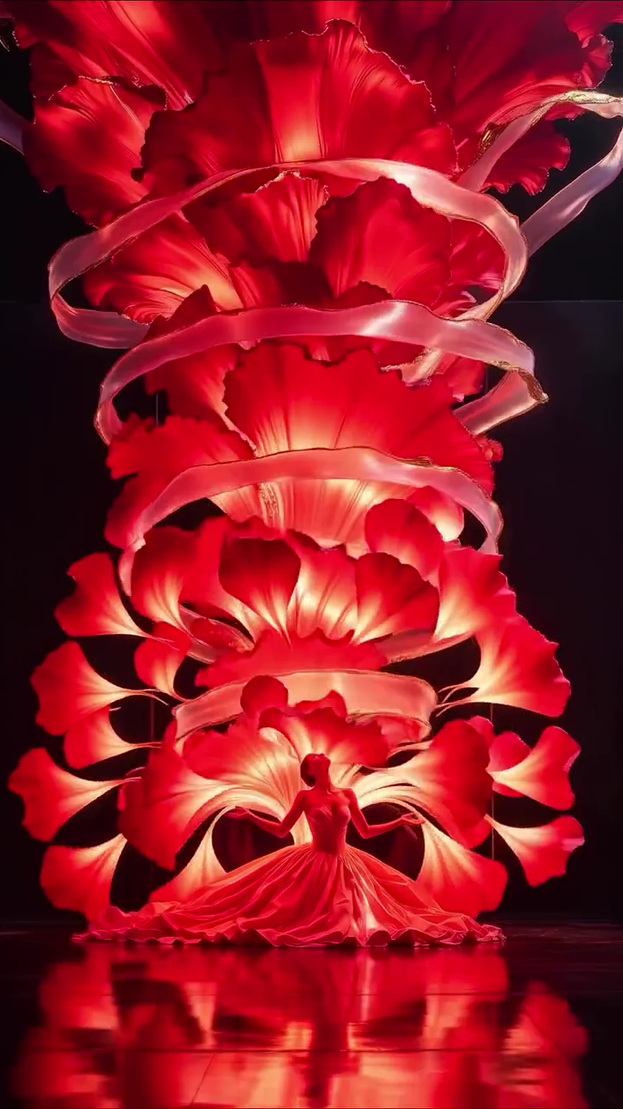 A tall spiral of glowing red petals and white ribbons rising above a dancer