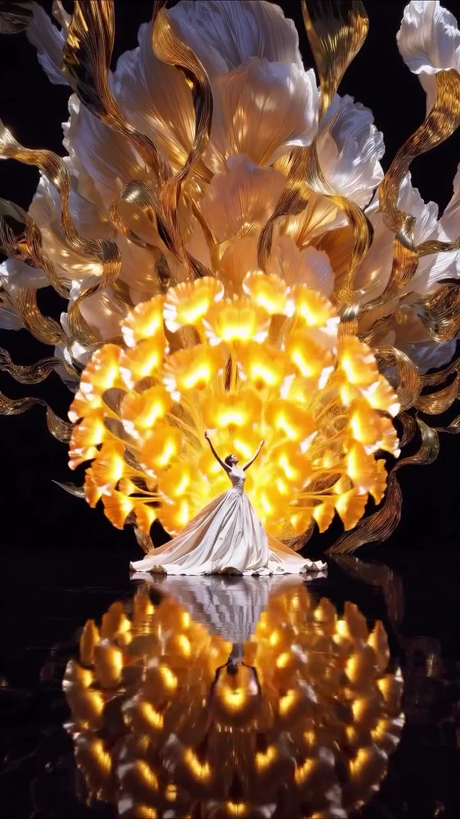 A dome of golden glowing petals behind the dancer, reflected in the black floor