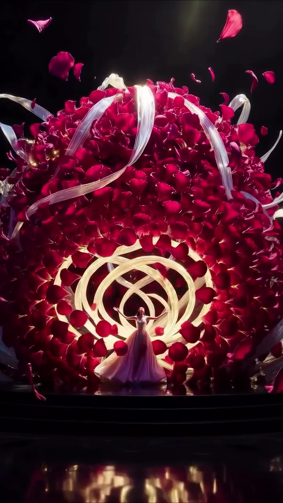 A sphere of dark red roses with a looping emblem of light at its centre