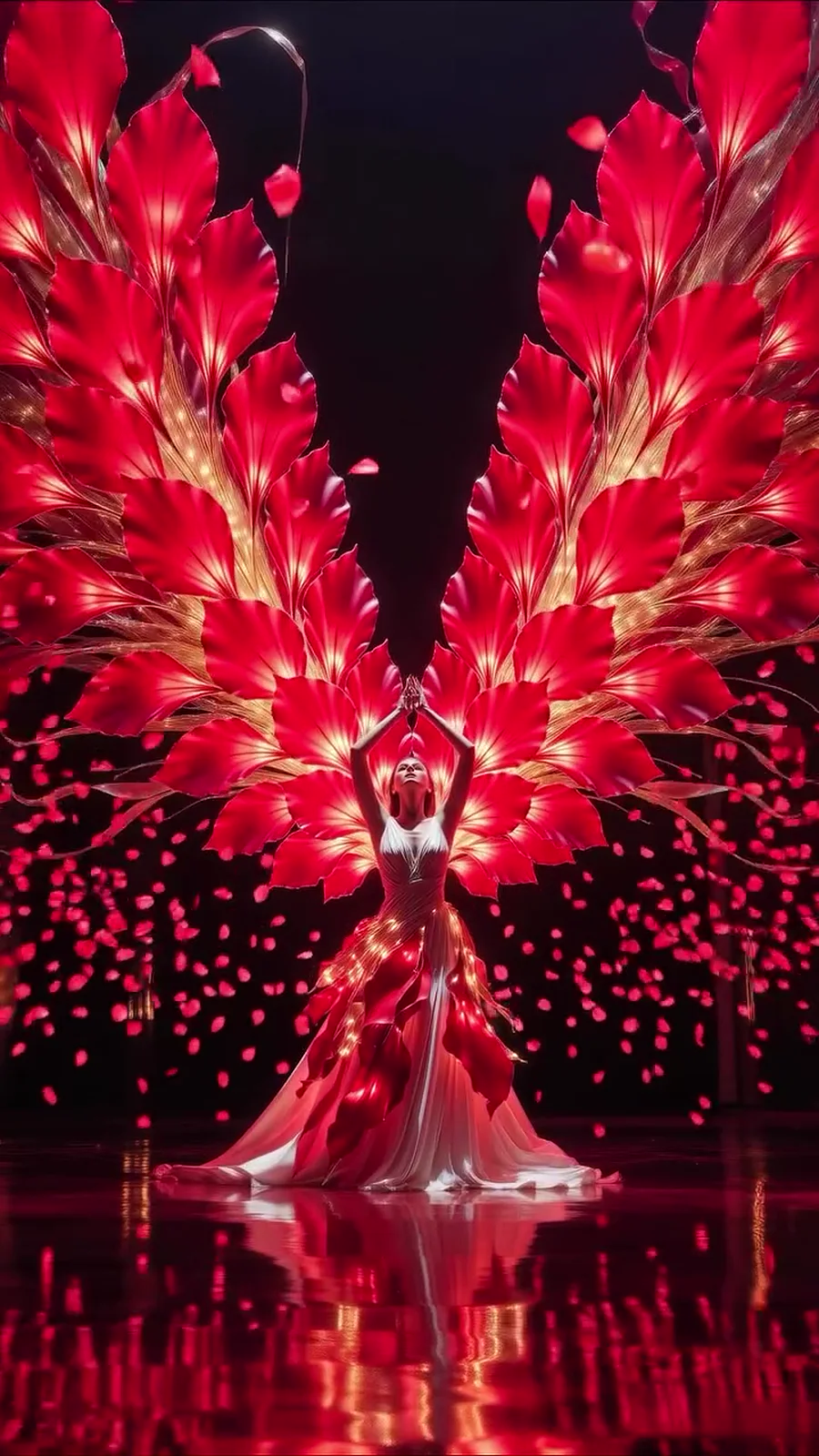 Two enormous red wings of petals spreading from the dancer's back
