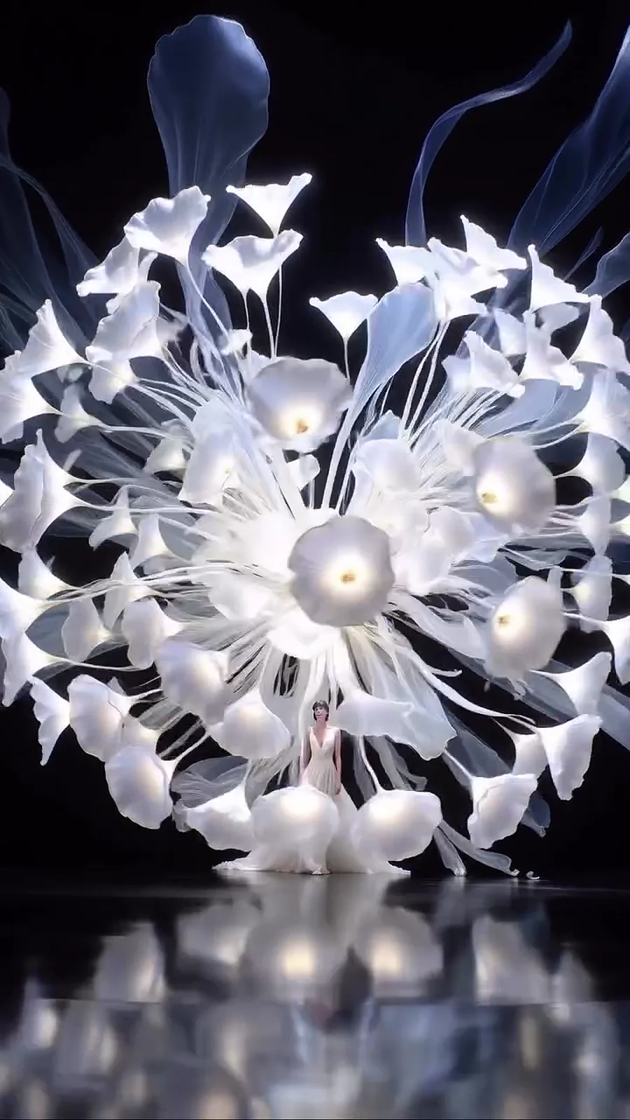 A burst of white moonflowers glowing against a black stage