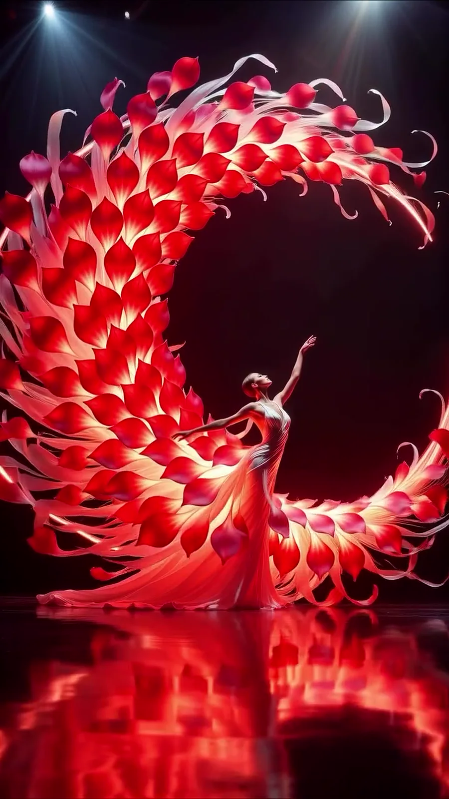 A crescent of red fan-shaped petals curving over the dancer