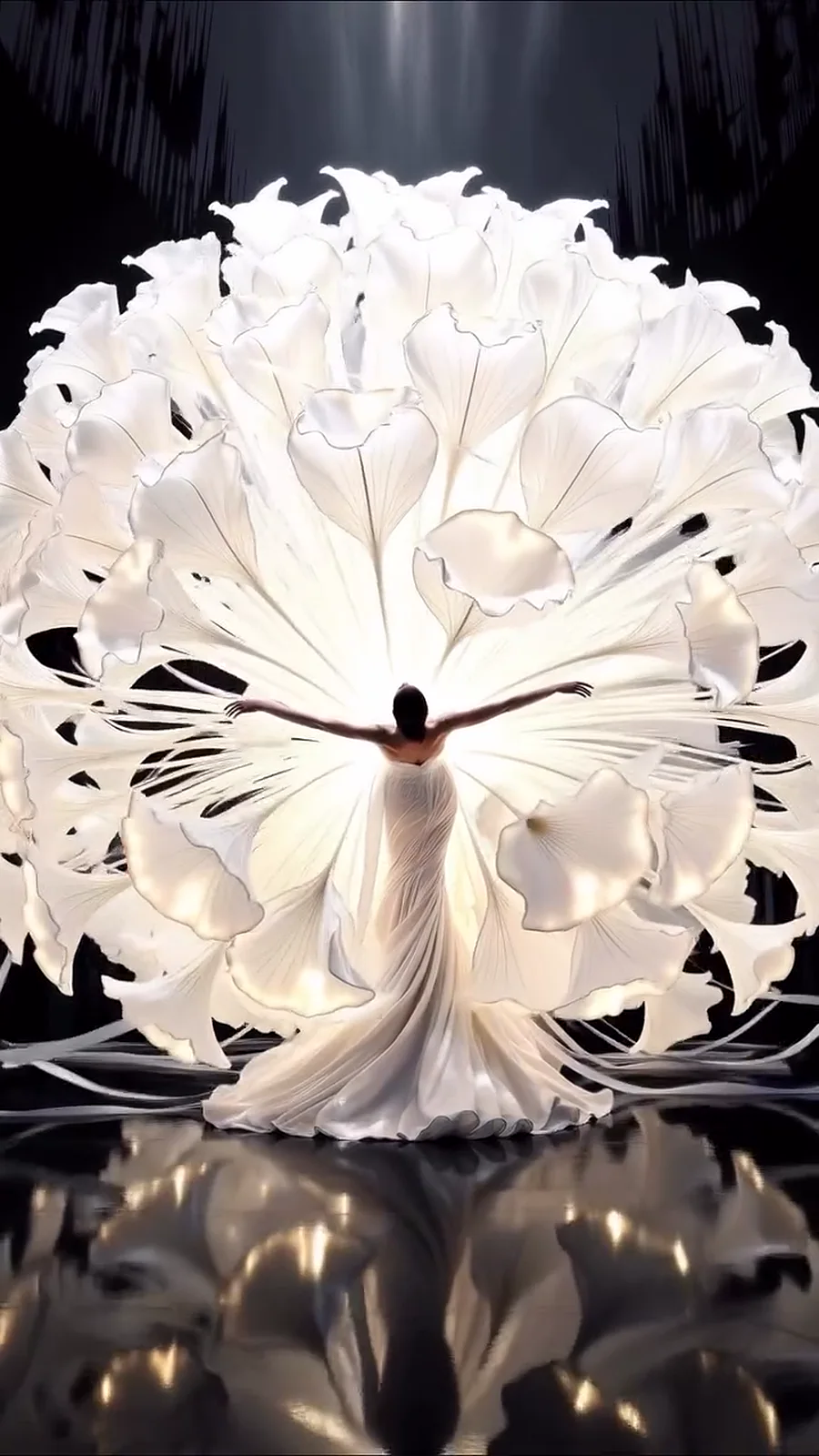A giant white peony filling the stage behind the dancer with her arms outstretched