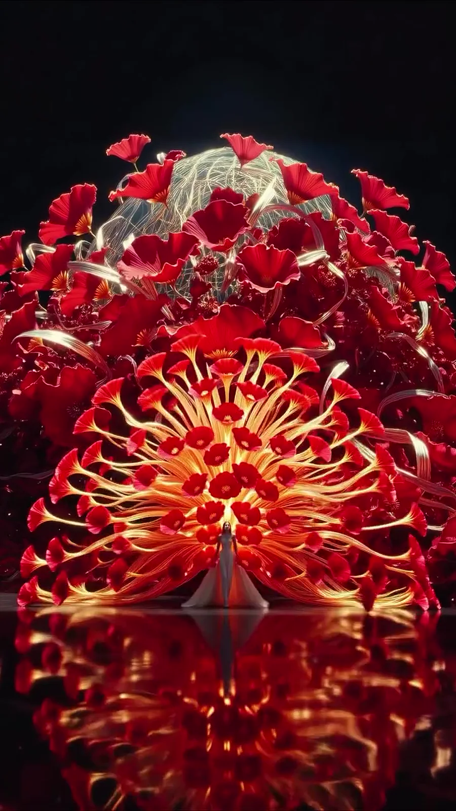 A red and gold peacock fan opening in front of a mound of red roses