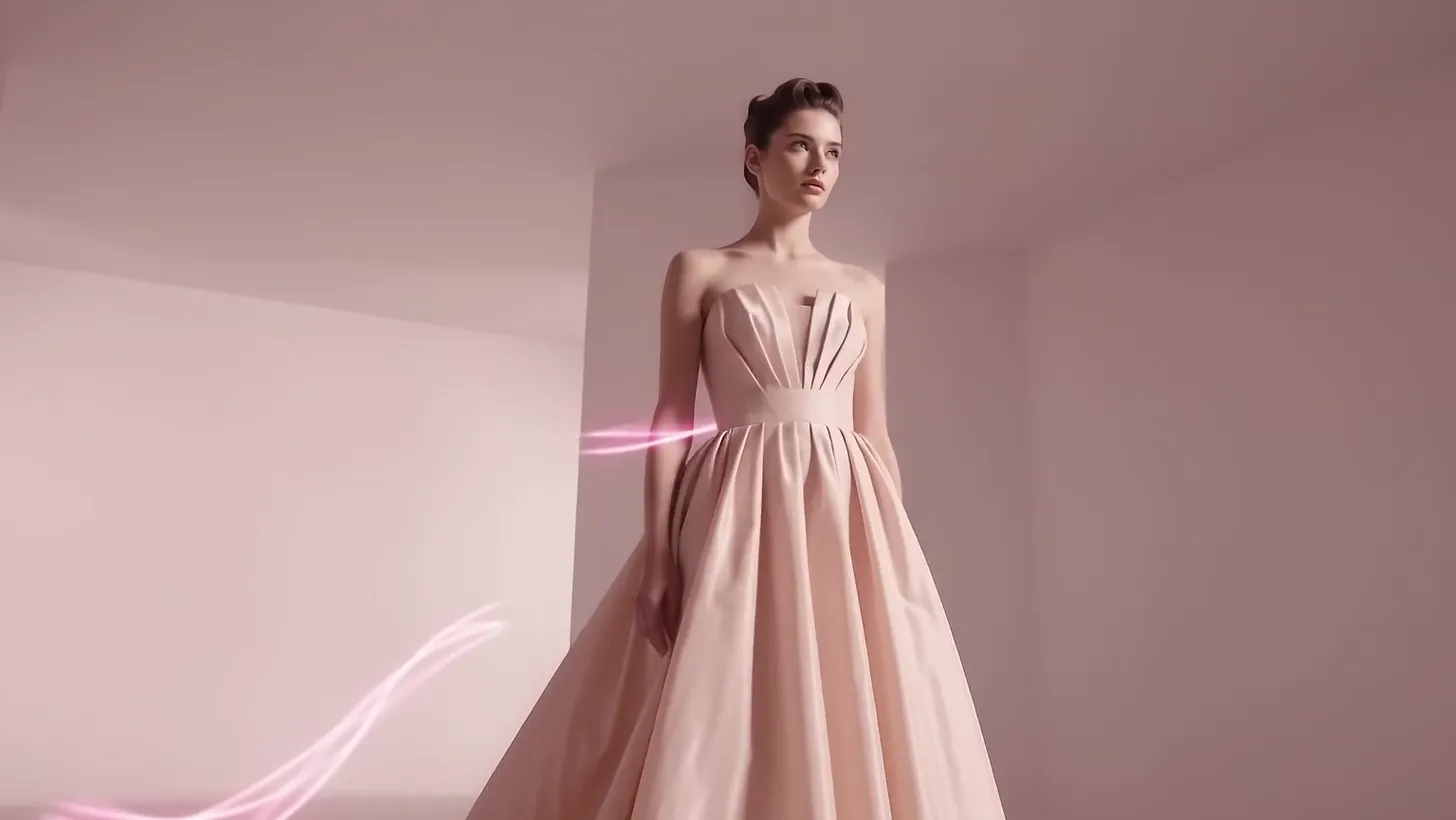 A model in the pale blush Morning Gown, standing in a white room before it begins to move