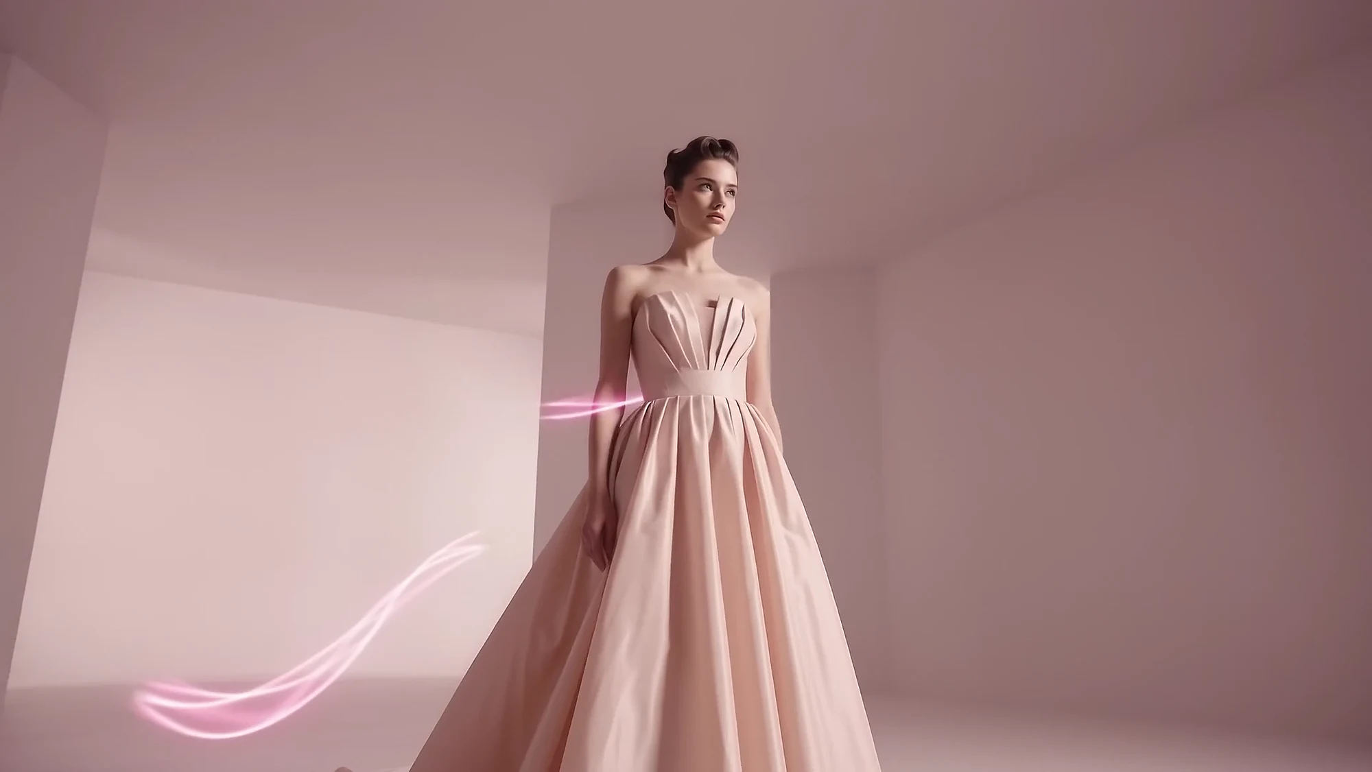 A model in the pale blush Morning Gown, standing in a white room before it begins to move