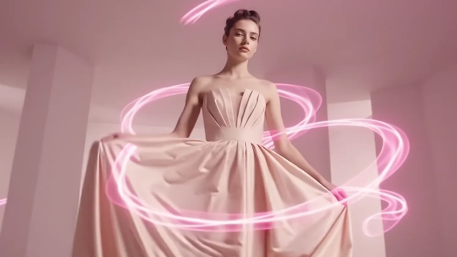 Threads of pink light begin to wind around the skirt