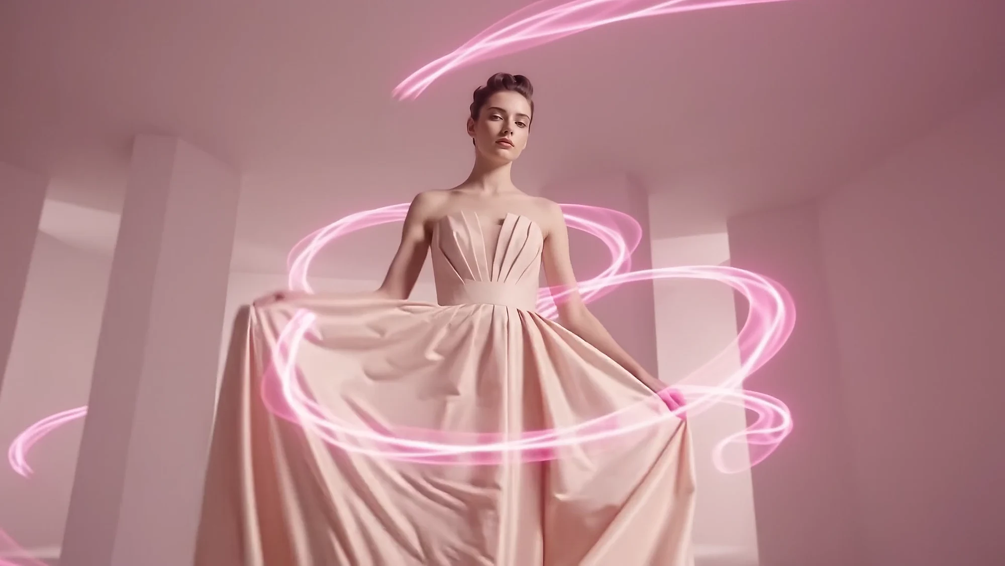 Threads of pink light begin to wind around the skirt