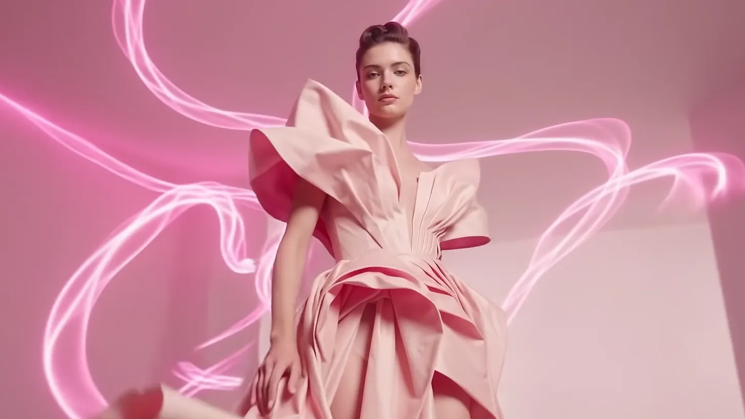 The fabric folds itself into a ruffled shoulder as light ribbons pass