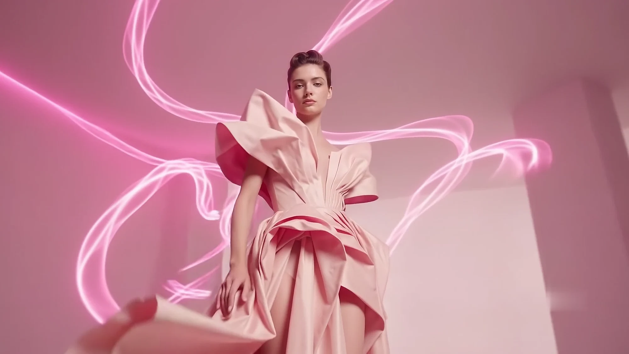 The fabric folds itself into a ruffled shoulder as light ribbons pass