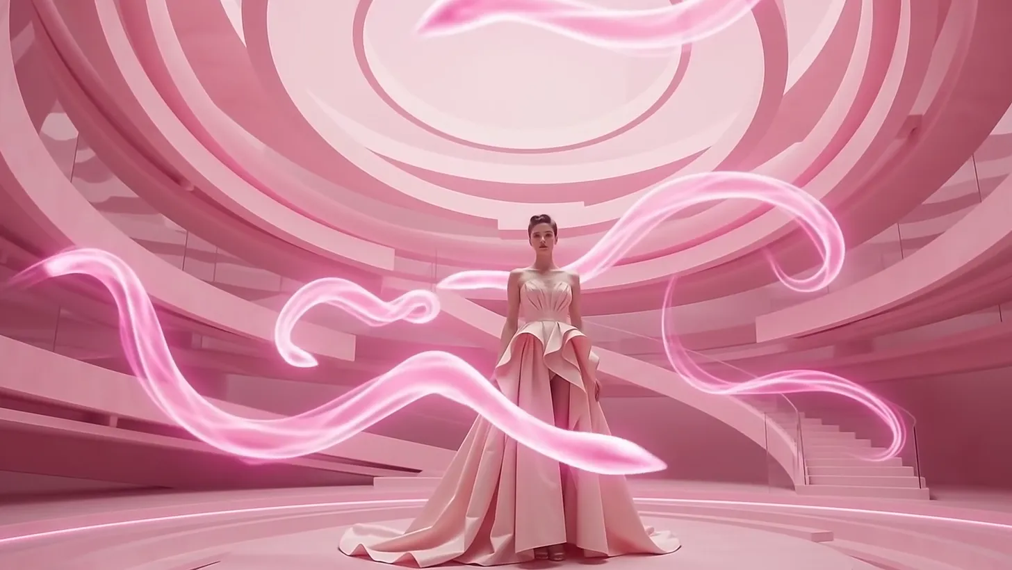 The model stands small on a plinth in a pink rotunda while threads of light curl past