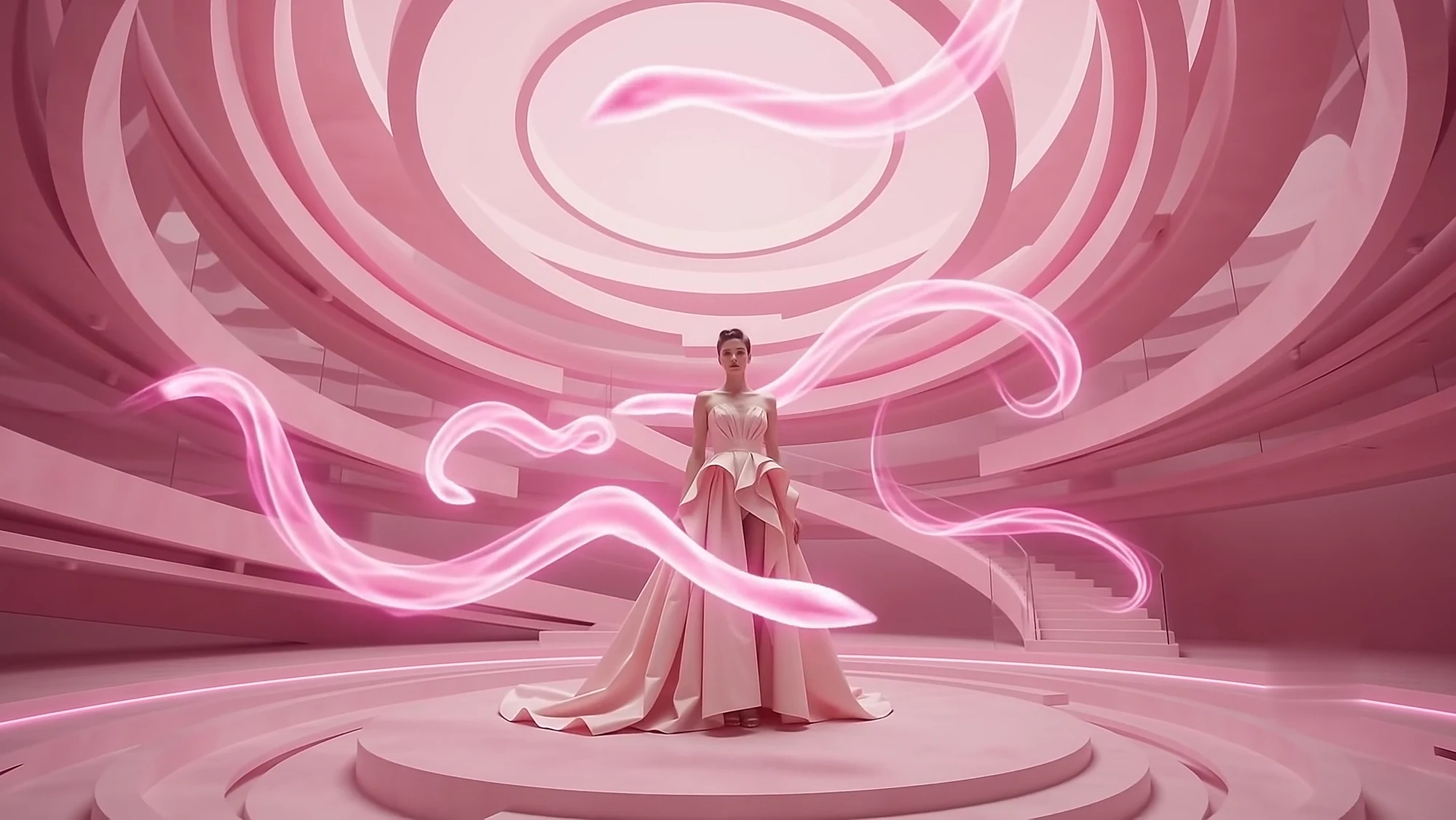 The model stands small on a plinth in a pink rotunda while threads of light curl past