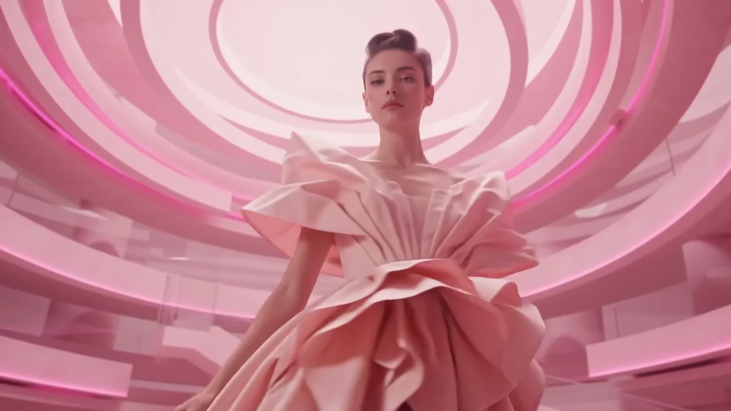 The gown reshaped into a sculptural ruffled shoulder and tiered skirt, seen from low in the rotunda