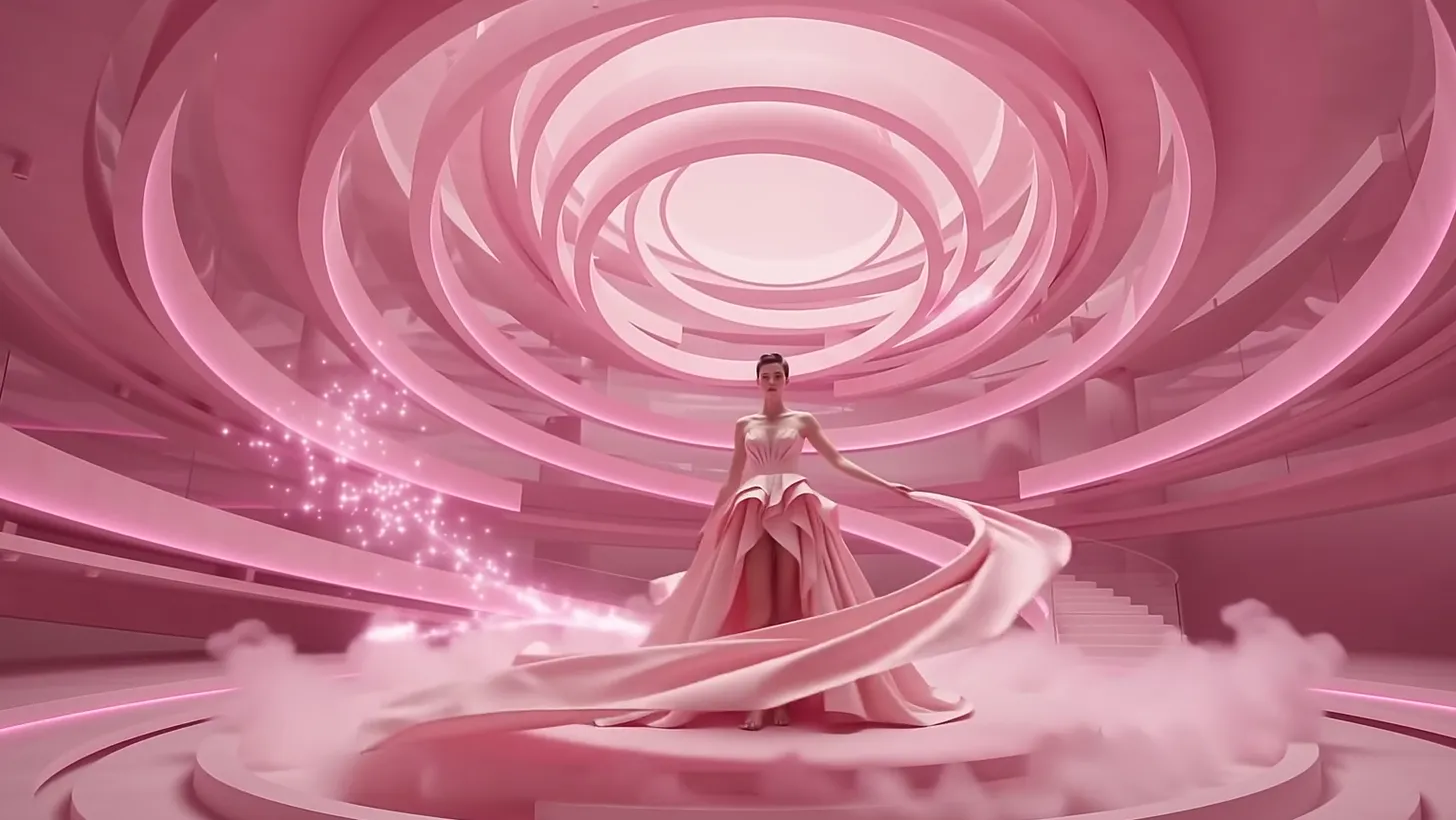 The hem unwinds across the floor as a pink vortex opens overhead