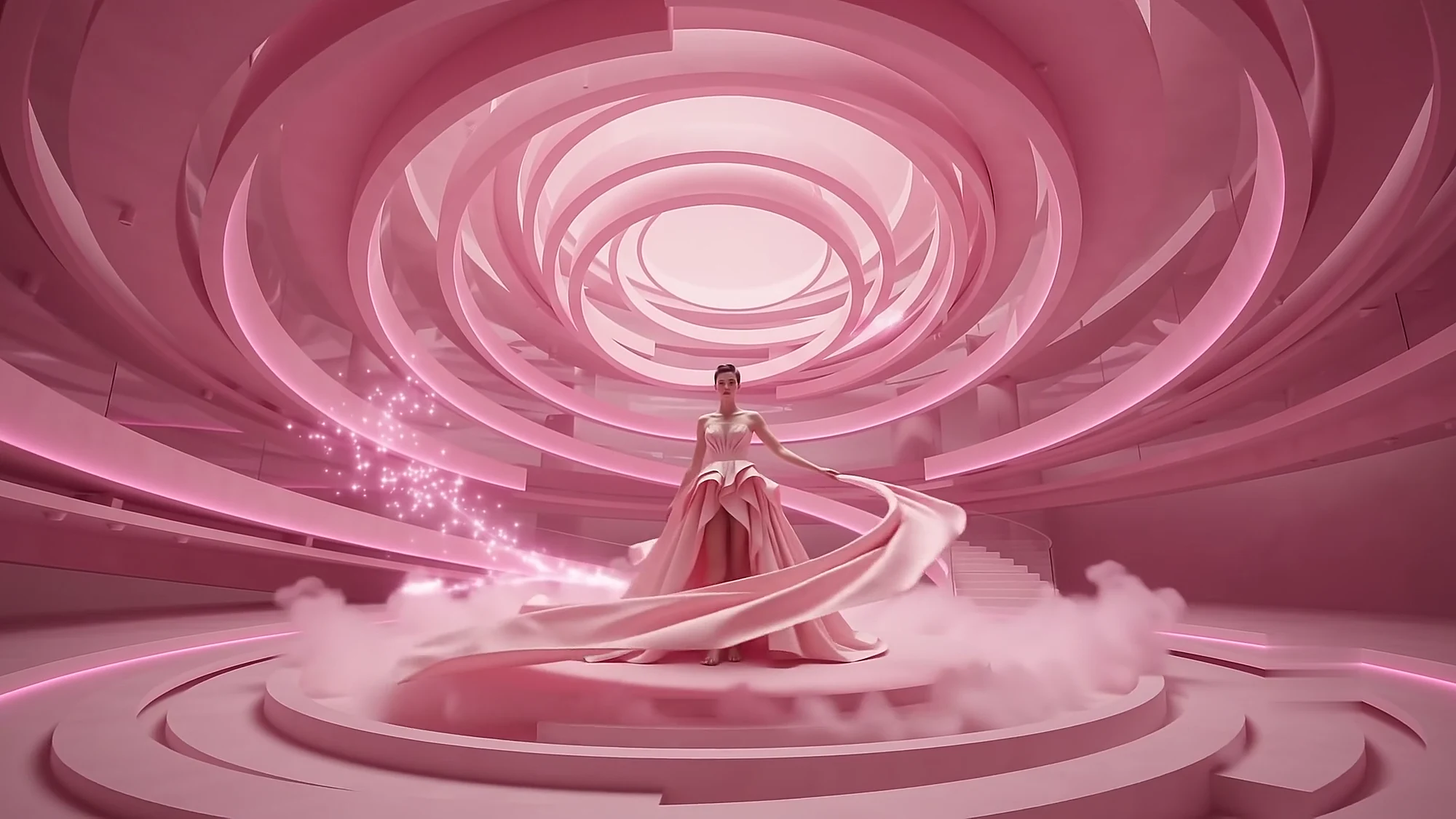 The hem unwinds across the floor as a pink vortex opens overhead