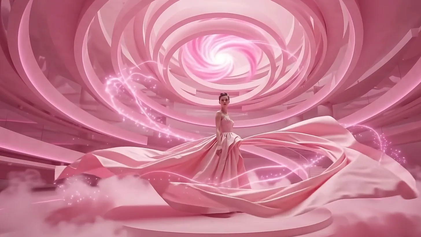 The gown released into a long pink train that sweeps across the rotunda floor
