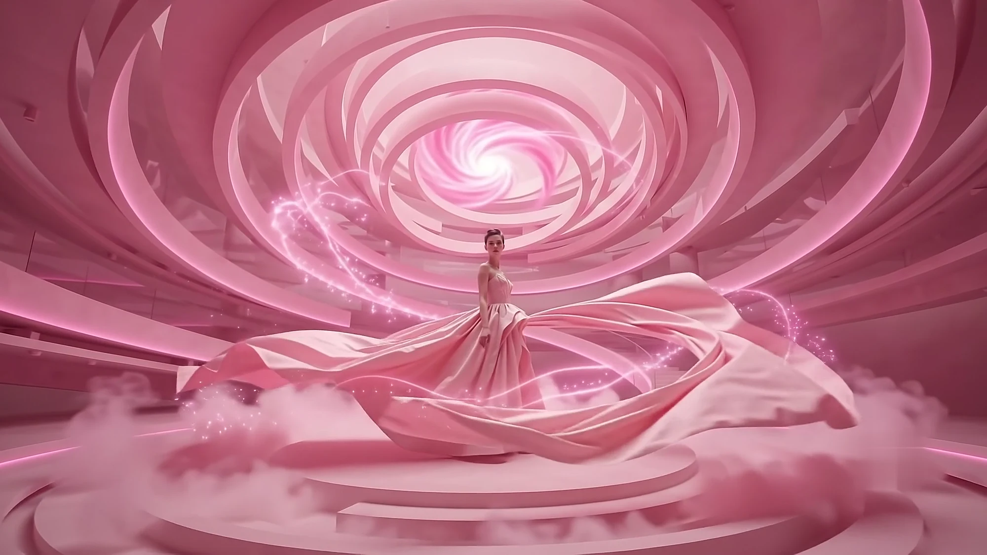 The gown released into a long pink train that sweeps across the rotunda floor